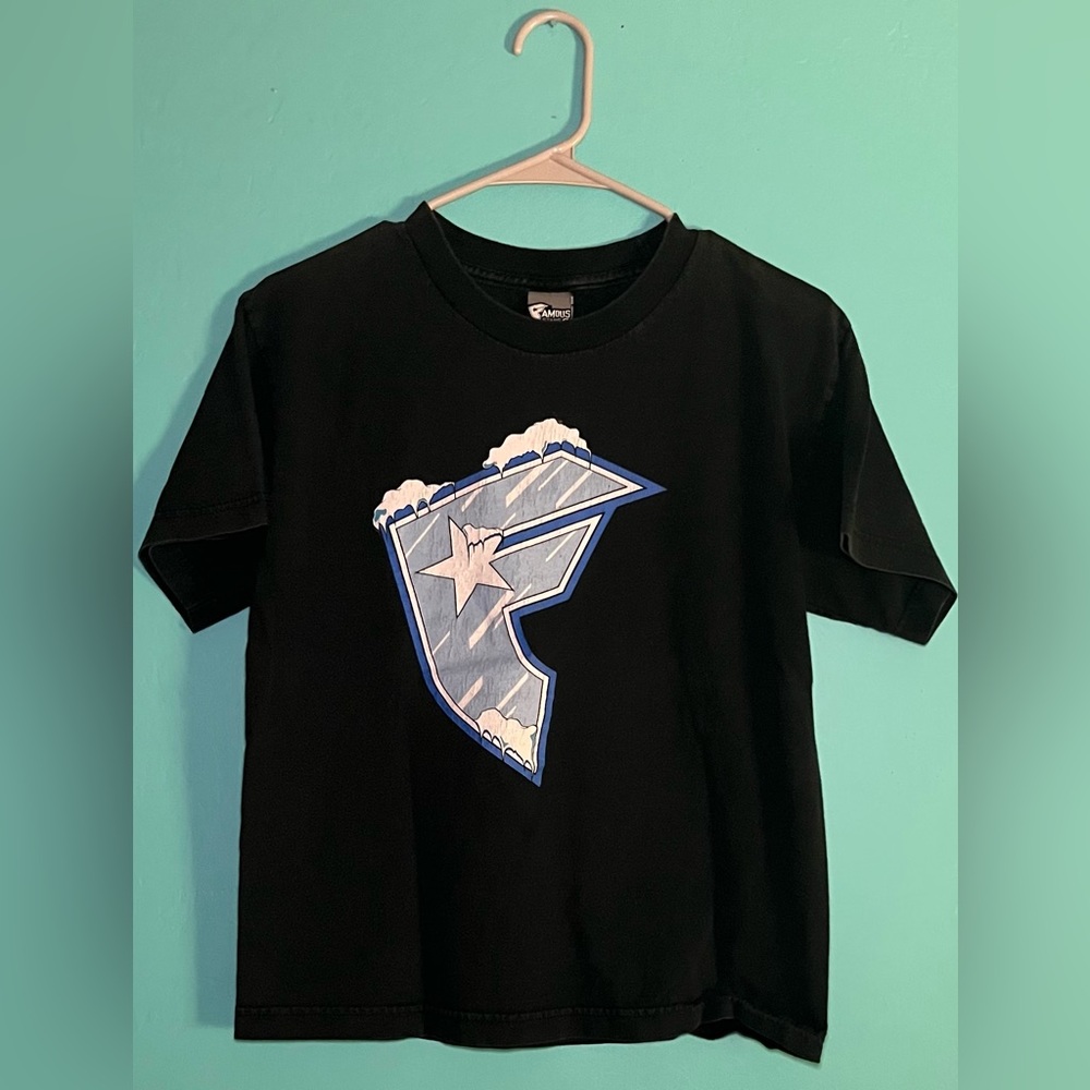 black famous stars and straps graphic tee with blue design on the front
